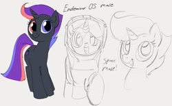 Size: 1199x742 | Tagged: safe, artist:dotkwa, imported from derpibooru, oc, oc only, pony, unicorn, endeavour os, female, heterochromia, mare, partial color, ponified, sketch, smiling, solo, spacesuit