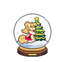 Size: 3900x3900 | Tagged: safe, artist:mariothepixelarter, imported from derpibooru, oc, oc only, pegasus, pony, candy, candy cane, christmas, christmas tree, clothes, dress, eyes closed, food, high res, holiday, mouth hold, pixel art, simple background, sitting, snow globe, solo, transparent background, tree