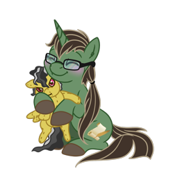 Size: 1076x1080 | Tagged: safe, artist:spacesheep, imported from derpibooru, daring do, oc, oc:digter von marder, pegasus, unicorn, derpibooru community collaboration, 2023 community collab, brown mane, chubby, commission, evil grin, eyes closed, female, glasses, grin, long mane, male, mare, plushie, ponytail, scar, simple background, smiling, stallion, stallion oc, transparent background