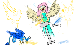 Size: 5200x3200 | Tagged: safe, artist:horsesplease, imported from derpibooru, fluttershy, gallus, bird, cockatoo, human, equestria girls, behaving like a bird, bird seed, clothes, derp, dress, gallus the rooster, majestic as fuck, screaming, spread wings, stylistic suck, tray, winged, winged human, wings