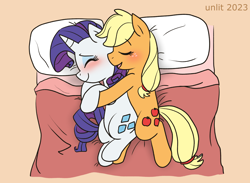 Size: 2016x1479 | Tagged: safe, artist:unlit, imported from derpibooru, applejack, rarity, earth pony, pony, unicorn, 2023, bed, blanket, blushing, cuddling, eyes closed, female, hug, lesbian, mare, open mouth, pillow, rarijack, shipping, smiling, spooning