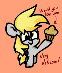Size: 846x985 | Tagged: safe, artist:riverdawn404, imported from derpibooru, derpy hooves, pegasus, pony, arrow, cute, female, food, happy, holding, mare, muffin, newbie artist training grounds, orange background, simple background, solo, that pony sure does love muffins