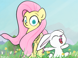 Size: 4000x3000 | Tagged: safe, artist:widelake, imported from derpibooru, angel bunny, fluttershy, pegasus, pony, rabbit, angelbetes, animal, cute, duo, female, flower, grass, high res, male, mare, mountain, open mouth, smiling
