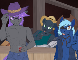 Size: 1056x816 | Tagged: safe, artist:brianblackberry, imported from derpibooru, oc, oc:nova (hijinxfantasy), oc:romny, oc:silverbolt, anthro, panther, pegasus, amputee, clothes, furry, glasses, hat, male, males only, pants, prosthetic arm, prosthetic limb, prosthetics, vest