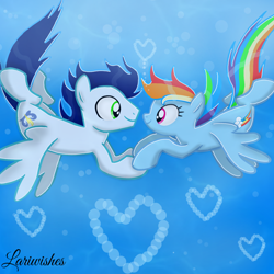 Size: 1300x1300 | Tagged: safe, artist:mlplary6, imported from derpibooru, rainbow dash, soarin', pegasus, pony, bubble, female, floating heart, heart, holding hooves, looking at each other, looking at someone, male, mare, shipping, smiling, smiling at each other, soarindash, stallion, straight, underwater, water, wings