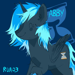 Size: 1170x1170 | Tagged: safe, artist:rua03, imported from derpibooru, oc, oc only, oc:abyssal star, alicorn, pony, abbycorn, alicornified, beyond this world, black coat, blue background, blue hair, blue mane, eyes closed, female, fluffy hair, fluffy mane, hourglass, hourglass cutie mark, mare, multicolored hair, multicolored mane, race swap, short hair, short mane, simple background, smiling, solo