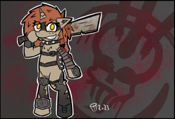Size: 1338x911 | Tagged: safe, artist:scarletdoodle, imported from derpibooru, oc, oc only, pony, unicorn, fallout equestria, armor, armored pony, bipedal, blood, blood stains, brown coat, clothes, fallout, female, machete, mare, orange mane, raider, ripped stockings, socks, solo, stockings, thigh highs, torn clothes, weapon, yellow eyes