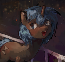 Size: 320x305 | Tagged: safe, artist:kustigrenka, imported from derpibooru, oc, oc only, oc:abyssal star, pony, unicorn, balcony, beyond this world, black coat, blue eyes, blue hair, blue mane, bridge, building, city, city lights, cityscape, fluffy hair, fluffy mane, hourglass, hourglass cutie mark, lake, lights, multicolored hair, multicolored mane, night, ocean, open mouth, scenery, short hair, short mane, skyscraper, skyscrapers, smiling, teeth, water