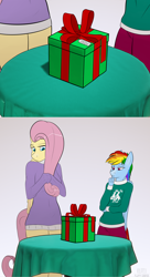 Size: 3000x5521 | Tagged: safe, artist:fluffyorbiter, imported from derpibooru, fluttershy, rainbow dash, anthro, pegasus, box, clothes, comic, drapes, female, flutterdash, height difference, lesbian, present, shipping, size difference, smoldash, sweater, sweatershy, table, tallershy, thinking