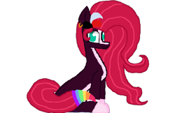 Size: 700x453 | Tagged: safe, artist:princessmoonlight, imported from derpibooru, oc, oc only, oc:painted lilly, cute, dc comics, ear piercing, harley quinn, looking at you, multicolored mane, multicolored tail, nonbinary, piercing, simple background, sitting, smiling, solo, tail, transparent background, wavy mane