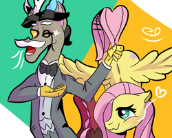 Size: 2500x2000 | Tagged: safe, artist:papacruda09, idw, imported from derpibooru, accord, fluttershy, draconequus, pegasus, pony, blushing, butt, duo, duo male and female, female, flutterbutt, looking at each other, looking at someone, male, mare, open mouth, smiling, spread wings, tail, tail pull, wavy mouth, wings