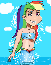 Size: 608x776 | Tagged: safe, artist:ocean lover, imported from derpibooru, rainbow dash, human, mermaid, 20% cooler, awesome, awesome face, bandeau, bare shoulders, belly button, clothes, cloud, confident, cutie mark, cutie mark on clothes, female, grin, human coloration, humanized, jumping, long hair, looking at you, magenta eyes, mermaidized, midriff, ms paint, multicolored hair, ocean, rainbow hair, shiny skin, sky, sleeveless, smiling, smiling at you, solo, species swap, splash, tomboy, water