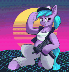 Size: 606x640 | Tagged: safe, artist:reddthebat, imported from derpibooru, azure velour, earth pony, pony, animated, clothes, female, gif, gun, hat, jacket, mare, shirt, solo, submachinegun, tongue out, vaporwave, weapon