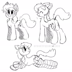 Size: 2033x2048 | Tagged: safe, artist:spookyfoxinc, imported from derpibooru, berry punch, berryshine, earth pony, pony, clothes, eyes closed, monochrome, sketch, smiling, socks, solo, striped socks