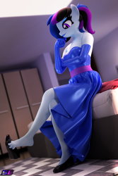 Size: 2560x3840 | Tagged: safe, artist:shadowboltsfm, imported from derpibooru, oc, oc:maple cake, anthro, plantigrade anthro, 3d, beautiful, bed, bedroom, blender, breasts, clothes, crossed legs, dress, evening gloves, eyeshadow, feet, female, gloves, high res, legs, lipstick, long gloves, makeup, not sfm, ponytail, shoe dangling, sitting, smiling, solo