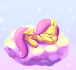 Size: 1110x1024 | Tagged: safe, artist:kukie, imported from derpibooru, fluttershy, pegasus, pony, cloud, cute, eyes closed, female, filly, filly fluttershy, foal, folded wings, hair over one eye, hooves, lying down, on a cloud, prone, shyabetes, sky, sleeping, solo, stars, wings, younger