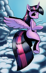 Size: 1695x2700 | Tagged: safe, artist:ahobobo, imported from derpibooru, twilight sparkle, alicorn, pony, cloud, cute, female, flying, looking at you, looking back, looking back at you, mare, missing cutie mark, solo, twiabetes, twilight sparkle (alicorn)