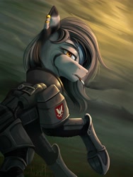 Size: 3000x4000 | Tagged: safe, artist:klarapl, imported from derpibooru, oc, oc only, zebra, fallout equestria, abstract background, armor, cigarette, ear piercing, earring, emblem, eyepatch, fallout, female, high res, jewelry, looking at you, mare, piercing, power armor, smoking, solo, zebra oc