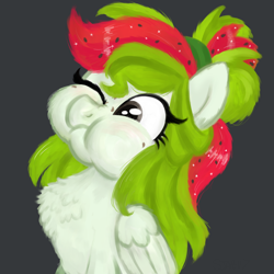 Size: 1280x1280 | Tagged: safe, artist:sjart117, imported from derpibooru, oc, oc only, oc:watermelana, pegasus, pony, chest fluff, female, freckles, gray background, mare, one eye closed, pegasus oc, puffy cheeks, scrunchy face, simple background, solo, wings