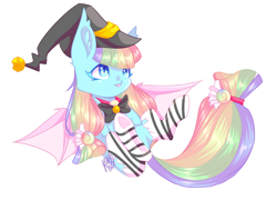 Size: 1996x1438 | Tagged: safe, artist:prettyshinegp, imported from derpibooru, oc, oc only, bat pony, pony, bat pony oc, bat wings, bowtie, clothes, ear fluff, female, hat, mare, multicolored hair, rainbow hair, simple background, socks, solo, spread wings, striped socks, transparent background, underhoof, wings, witch hat