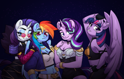 Size: 3123x2000 | Tagged: safe, artist:marthettau, imported from derpibooru, rainbow dash, rarity, starlight glimmer, twilight sparkle, alicorn, anthro, pegasus, unicorn, breasts, choker, cleavage, clothes, female, grin, horn, k/da, league of legends, smiling, sunglasses, twilight sparkle (alicorn), wings