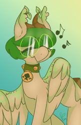 Size: 754x1164 | Tagged: safe, artist:pagophasia, derpibooru exclusive, imported from derpibooru, oc, oc only, oc:hortis culture, hybrid, pony, blushing, collar, dancing, ear tufts, eyes closed, glasses, gradient background, horns, humming, leaf, music notes, nonbinary, round glasses, smiling, solo, wings