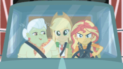 Size: 520x293 | Tagged: safe, imported from derpibooru, screencap, applejack, granny smith, sunset shimmer, driving miss shimmer, equestria girls, equestria girls series, animated, car, driving, trio