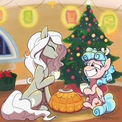 Size: 1200x1200 | Tagged: safe, artist:pfeffaroo, imported from derpibooru, cozy glow, oc, oc:grimaire, earth pony, pegasus, pony, christmas, christmas tree, duo, duo female, earth pony oc, female, filly, foal, holiday, hoof hold, mare, raised hoof, tree