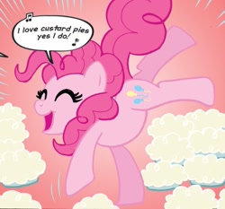 Size: 765x712 | Tagged: safe, artist:carla speed mcneil, idw, imported from derpibooru, pinkie pie, earth pony, pony, friends forever, spoiler:comic, spoiler:comicff01, dialogue, female, food, g4, mare, pie, singing, solo, speech bubble