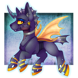 Size: 1500x1500 | Tagged: safe, artist:chvrchgrim, imported from derpibooru, queen chrysalis, oc, oc only, oc:cubitus, changeling, burn, burn marks, changeling oc, cheeselegs, commission, ear piercing, fangs, insect wings, orange changeling, piercing, simple background, smiling, solo, spread wings, wings