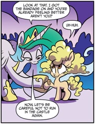 Size: 742x967 | Tagged: safe, artist:jay fosgitt, idw, imported from derpibooru, princess celestia, alicorn, earth pony, pony, for the pony who has everything, spoiler:comic, spoiler:comic50, bandage, cute, dialogue, duo, female, filly, foal, g4, mare, momlestia, speech bubble, sweet dreams fuel, unnamed character, unnamed pony, wholesome