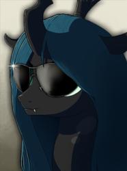 Size: 720x970 | Tagged: safe, artist:极端唯物, imported from derpibooru, queen chrysalis, changeling, changeling queen, female, friendship is a lie, solo, sunglasses