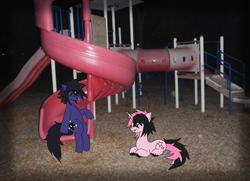 Size: 3368x2441 | Tagged: safe, artist:sleepymist, imported from derpibooru, oc, oc only, oc:mist avalon, pony, unicorn, darkness, duo, horn, night, no shading, old photo, photo, playground, real life background, sitting, slide, unicorn oc