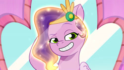 Size: 3072x1727 | Tagged: safe, imported from derpibooru, screencap, pipp petals, pegasus, pony, spoiler:g5, spoiler:my little pony: tell your tale, spoiler:tyts01e43, bridlewood spog, eyebrows, female, g5, glow, glowing hair, grin, high res, mare, my little pony: tell your tale, raised eyebrow, smiling, solo
