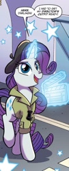 Size: 541x1334 | Tagged: safe, artist:tonyfleecs, idw, imported from derpibooru, rarity, pony, unicorn, spoiler:comic, spoiler:comic66, beret, clothes, female, g4, glow, glowing horn, hat, horn, levitation, magic, mare, shirt, solo, telekinesis