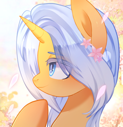 Size: 1884x1935 | Tagged: safe, artist:moocca, imported from derpibooru, oc, oc:aurore soleilevant, unicorn, avatar, flower, orange coat, petal, smiling, solo, spring