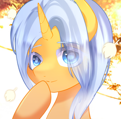 Size: 1890x1858 | Tagged: safe, artist:moocca, imported from derpibooru, oc, oc:aurore soleilevant, unicorn, autumn, avatar, maple leaf, orange coat, smiling, solo