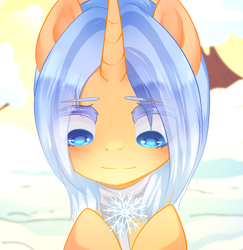 Size: 1884x1935 | Tagged: safe, artist:moocca, imported from derpibooru, oc, oc:aurore soleilevant, unicorn, avatar, looking down, orange coat, smiling, snow, snowflake, solo, winter