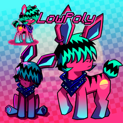 Size: 2000x2000 | Tagged: safe, artist:liminalbunny, imported from derpibooru, oc, oc only, oc:lowpoly, earth pony, hybrid, pony, rabbit, animal, bunny ears, scene, synthwave, vaporwave