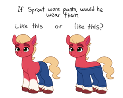 Size: 950x760 | Tagged: safe, artist:malarkey, imported from derpibooru, sprout cloverleaf, earth pony, pony, clothes, daily sprout, g5, joke, male, meme, pants, simple background, stallion, text, white background