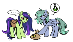 Size: 1280x744 | Tagged: safe, artist:taika403, imported from derpibooru, oc, oc only, oc:adele, oc:dangling flask, earth pony, pegasus, pony, bag, cute, ear piercing, money, money bag, piercing, poison, saddle bag, simple background, sweat, white background