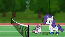 Size: 1920x1080 | Tagged: safe, artist:tjpones, imported from derpibooru, rarity, spike, sweetie belle, twilight sparkle, alicorn, dragon, pony, unicorn, animated, aqua teen hunger force, ball, female, filly, foal, male, mare, sound, sports, tennis, tennis ball, tennis racket, twilight sparkle (alicorn), webm