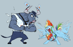 Size: 1280x824 | Tagged: safe, artist:chub-wub, imported from derpibooru, iron will, rainbow dash, minotaur, pegasus, pony, clothes, duo, duo male and female, epic, female, flag, gray background, head shake, male, mare, shirt, simple background