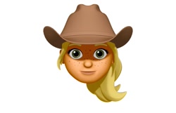 Size: 1125x724 | Tagged: safe, imported from derpibooru, applejack, human, animoji, cowboy hat, freckles, hat, head only, looking at you, memoji, simple background, solo, white background