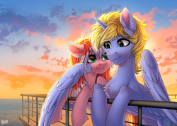 Size: 4100x2923 | Tagged: safe, artist:hakaina, imported from derpibooru, oc, oc only, alicorn, earth pony, pegasus, pony, alicorn oc, backlighting, beautiful, cheek fluff, chest fluff, cloud, colored, cute, duo, female, fluffy, height difference, high res, hoof fluff, horn, hug, leg fluff, lighting, looking at each other, looking at someone, male, mare, ocbetes, ocean, partially open wings, pegasus oc, railing, scenery, shading, signature, sky, slim, stallion, sunset, thin, water, wing fluff, winghug, wings
