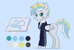 Size: 1286x869 | Tagged: safe, artist:jedrek_123, derpibooru exclusive, imported from derpibooru, oc, oc only, oc:sidewinder, pegasus, blue background, clothes, cutie mark, dog tags, looking at you, piercing, reference sheet, simple background, solo, standing