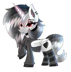 Size: 1000x1016 | Tagged: safe, artist:zadrex, imported from derpibooru, oc, oc only, alicorn, derpibooru community collaboration, 2023 community collab, clothes, cutie mark, ear piercing, heart, hoodie, long mane, piercing, red eyes, simple background, socks, solo, sparkly mane, stockings, thigh highs, transparent background, wings