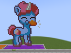 Size: 1280x961 | Tagged: safe, artist:clevercloud2022pl, artist:nitobit, imported from derpibooru, pony, unicorn, colt, cutie mark, foal, g5, kazoo, kazoo (character), male, minecraft, minecraft pixel art, musical instrument, pixel art, playing instrument, solo
