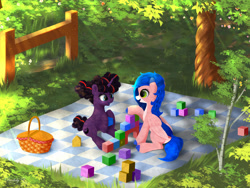 Size: 2400x1800 | Tagged: safe, artist:darksly, imported from derpibooru, oc, oc only, pegasus, pony, unicorn, basket, building blocks, picnic basket, picnic blanket, tree