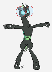 Size: 4000x5500 | Tagged: safe, artist:evan555alpha, imported from ponybooru, oc, oc only, oc:yvette (evan555alpha), changeling, insect, ladybug, broach, changeling oc, colored sketch, dorsal fin, evan's daily buggo ii, fangs, female, glasses, looking at you, menacing, round glasses, signature, simple background, sketch, solo, staring into your soul, t pose, white background, wide eyes